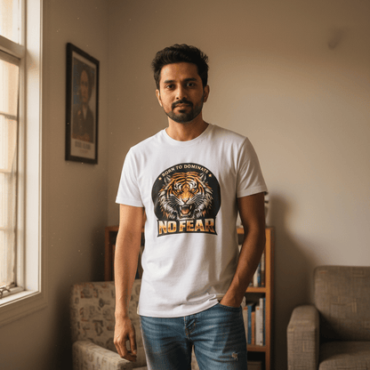No Fear Tiger Graphic T-Shirt – Born To Dominate Print | White - Polyester | Arpitum - ARPITUM