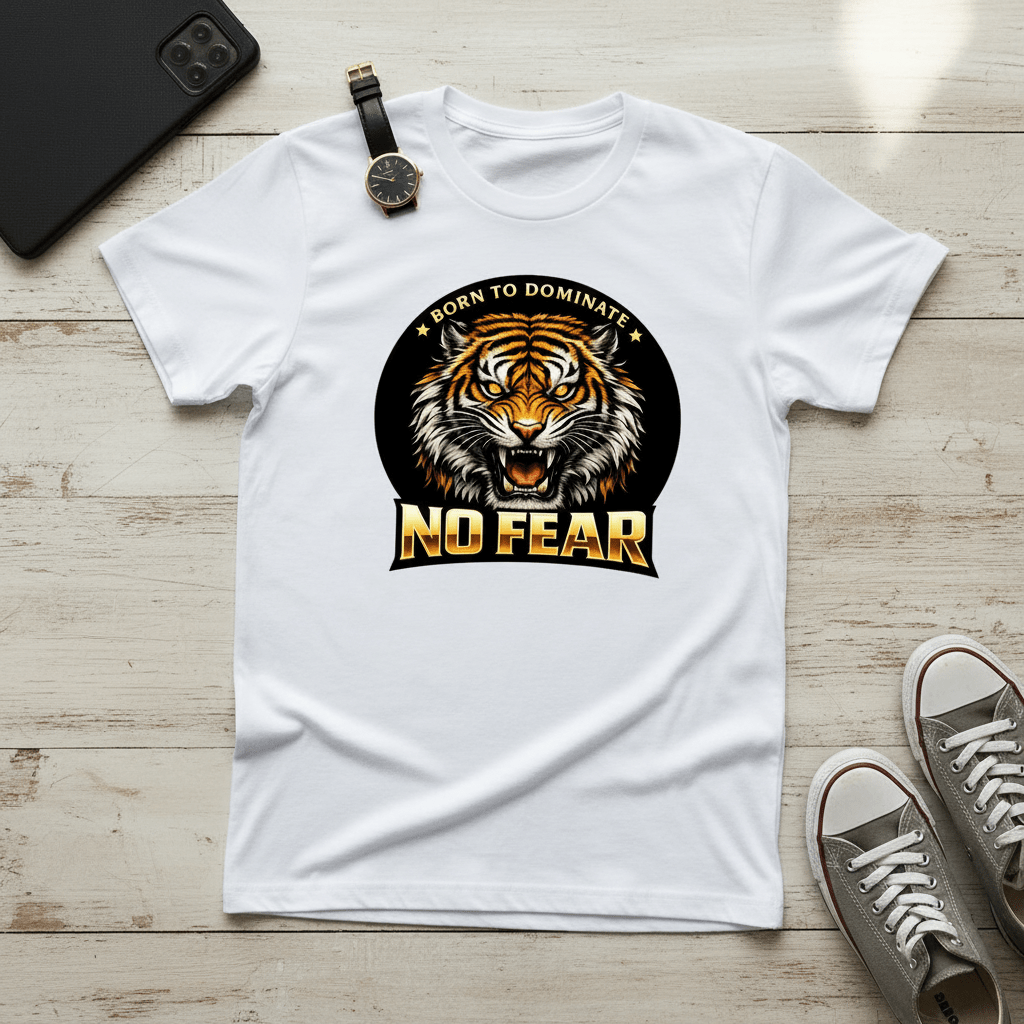 No Fear Tiger Graphic T-Shirt – Born To Dominate Print | White - Polyester | Arpitum - ARPITUM