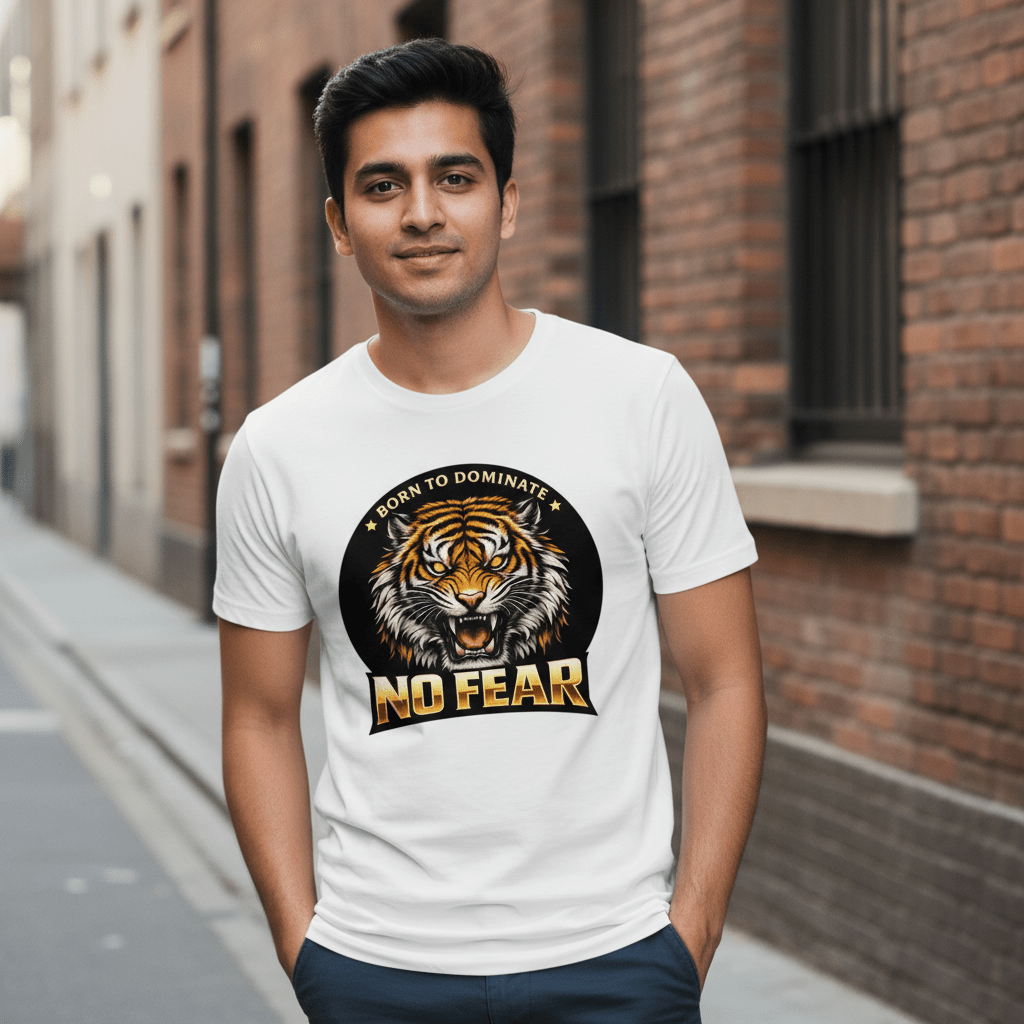 No Fear Tiger Graphic T-Shirt – Born To Dominate Print | White - Polyester | Arpitum - ARPITUM