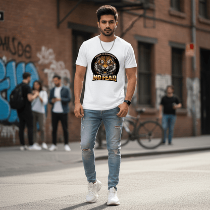 No Fear Tiger Graphic T-Shirt – Born To Dominate Print | White - Polyester | Arpitum - ARPITUM