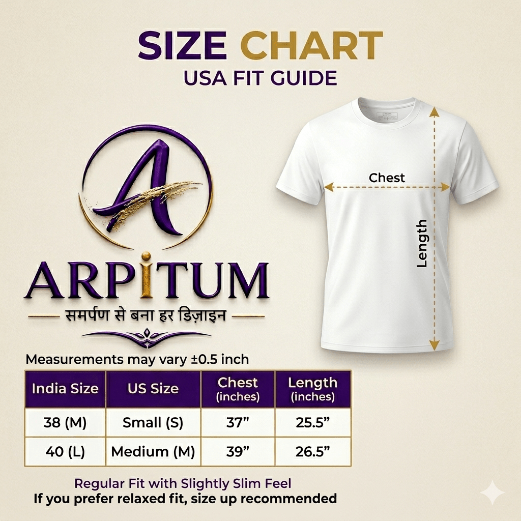 Arpitum Fly Fearless white t-shirt USA fit size chart guide showing chest and length measurements for M L 